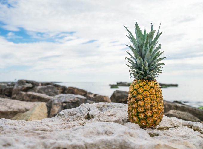 Wallpaper pineapple, fruit, stones, beach, 4k, Food 5115815859